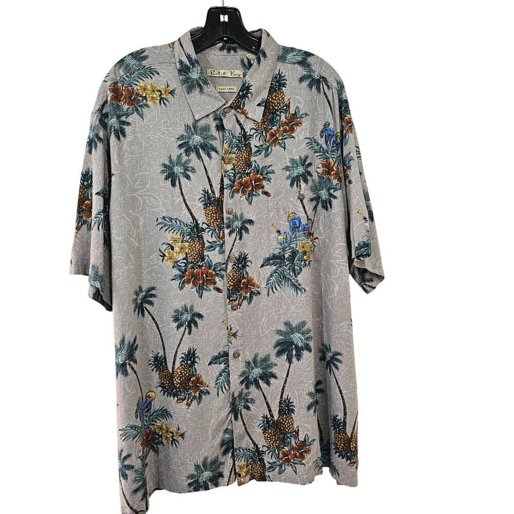 Batik Bay Gray Hawaiian Shirt Mens XXL Rayon Easy Care Palm Pineapple Print